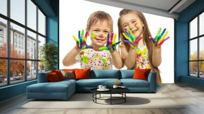 Little kids with hands painted in colorful paint Wall mural