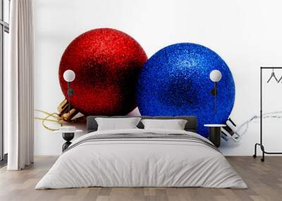 Christmas decoration red and blue balls isolated on a white Wall mural