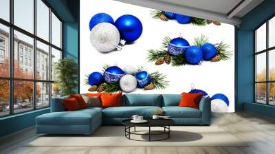 Collection of photos Christmas decoration blue and silver balls with fir cones and fir tree branches isolated Wall mural