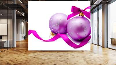 two lilac christmas balls with ribbon isolated Wall mural