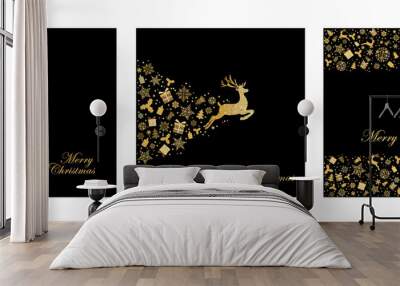 Pack of greeting cards with gold Christmas  deer, gifts, snowflakes, christmas tree on black background. Vector illustration. Gold holiday pattern Wall mural