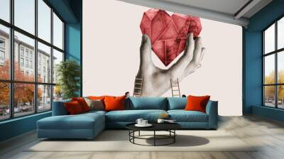 A man and a woman climb the stairs to the heart. Art collage. Wall mural