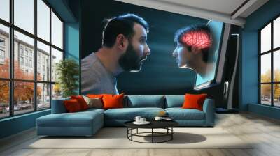 A woman's head as a metaphor for artificial intelligence peeks out of a laptop screen. Wall mural