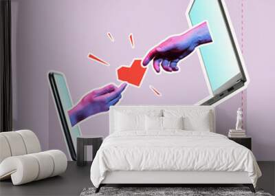 Concept of human relations in the digital age. Abstract collage with laptop, smartphone and human hands. Wall mural