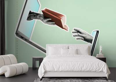 Concept of online education. Abstract collage with laptop, smartphone and human hands with open book. Wall mural