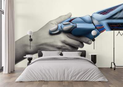 Robot's hand pulls a woman hand. Two hands on rescue position. Artificial intelligence, concept of future. On isolated white background. Wall mural