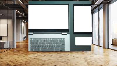 Set with smartphone, digital tablet and laptop with white screens for your design on green background. Wall mural