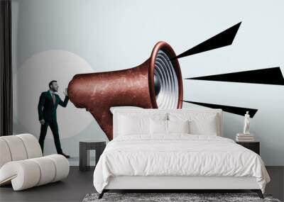 Speaker with megaphone, art collage. Concept of communication. Wall mural