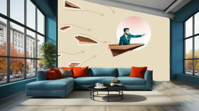 The leader on a paper plane indicates the direction, art collage. Wall mural