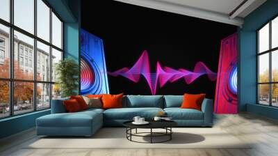 Two sound speakers in neon light with sound wave between them on black. Wall mural