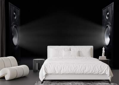 Two sound speakers with free space between them on black  background. Wall mural