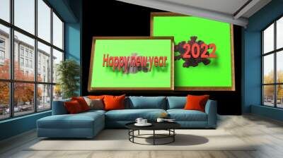 3D illustration of a wooden picture frame with green paper and the inscription happy new year 2022 and the virus logo Wall mural