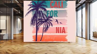 California, golden coast. Colorful poster with palm trees. T-shirt print with inscription, summer design for youth, teenagers. Wall mural