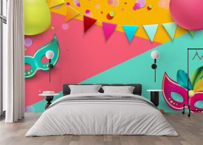 Carnival background with colorful masks, balloons and confetti. Wall mural