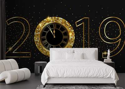 Happy New Year 2019 shiny banner with golden clock. Wall mural