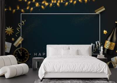 Happy New Year card with Christmas decorations, gifts, Champagne and clock. Wall mural