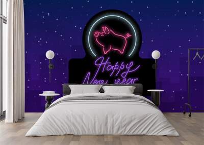 Happy New Year neon luminous urban poster with cute pig - symbol of the year on snowy background. Wall mural