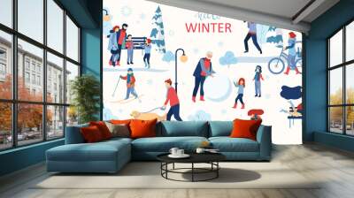 Hello winter poster. People walk outdoors in park. Wall mural