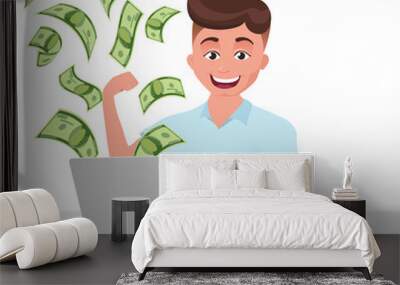 Man, boy uses laptop and Internet to make money remotely and spend money by shopping online. Wall mural