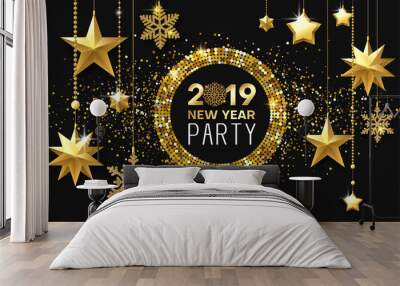 New Year 2019 party. Shiny poster or invitation card with golden stars and snowflakes. Wall mural