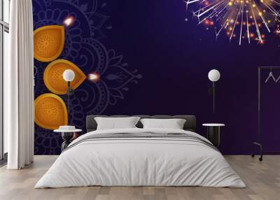 Purple Happy Diwali banner with oil lamps and fireworks. Wall mural