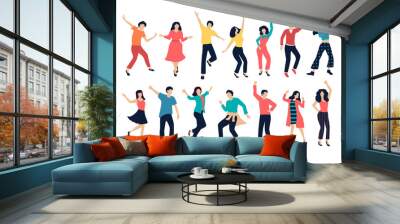 Set of happy dancing people. Color silhouettes isolated on white, flat style. Wall mural