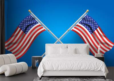 Two fabric USA flags on flagpoles. Happy flag day, Independence Day, American Memorial Day. Wall mural