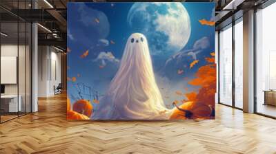 Creepy ghost in the moonlight surrounded by pumpkins Wall mural