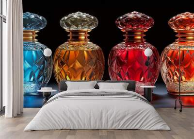 Four multi-colored faceted glass bottles with perfume on a dark background Wall mural