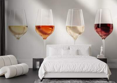 Four wine glasses with red, pink, white wine on a light background Wall mural