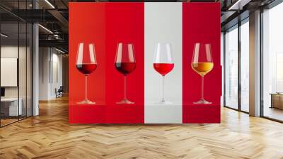 Four wine glasses with red, pink, white wine on a red background Wall mural