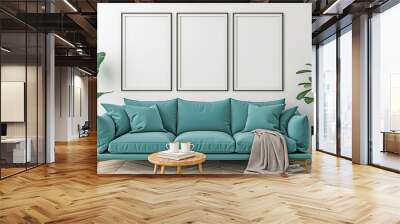 Mockup, room interior with a blue sofa, three empty frames hanging on the wall Wall mural