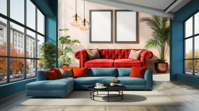 The interior of the hall with a red sofa, tropical indoor plants, a living room table, a window on the wall, two empty paintings hanging, mockup Wall mural