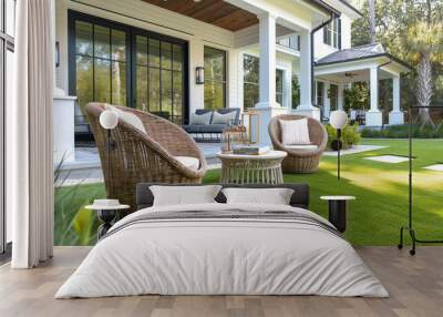 Three rattan chairs and one table on artificial grass in front of a white house with symmetrical design elements and a green color theme. Wall mural