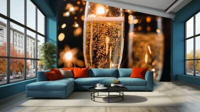 Two glasses of champagne on a dark background with bokeh Wall mural