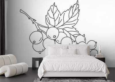 A bunch of black currant berries with a leaf, a simple hand-drawn outline illustration on a white background, coloring. Wall mural