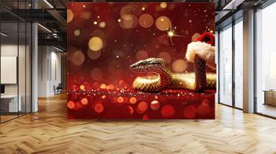 A green snake on the background of a red New Year's bokeh and a Santa hat. Wall mural