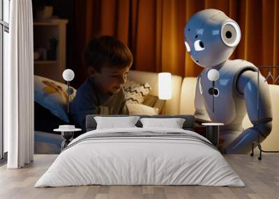 A human-like robot reading a book to the child in a childroom, future concept Wall mural