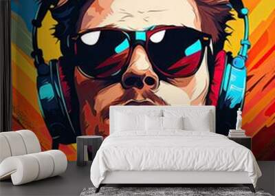 a man in silhouette listening to music with headphones, in the style of graffiti. Wall mural