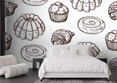 A pattern of doodle illustrations depicting baking, brown outline. The image is made manually using lines of different thicknesses. Contour illustration for baking in cafes, bakeries on white Wall mural