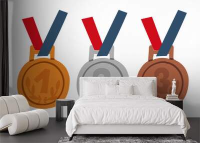 A set of Gold, silver, bronze medals for first, second and third places, round metals suspended by blue and red ribbons. Vector flat graphic design, isolated illustration collection Wall mural