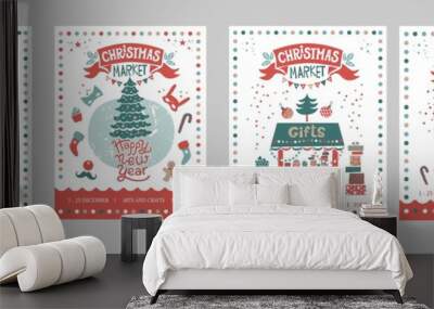 A set of posters or postcards Christmas market, Happy New year Wall mural