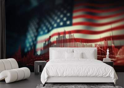 American business. USA investments. trading, stock exchange. graph with flag background. Investor and stock quotes. Wall mural