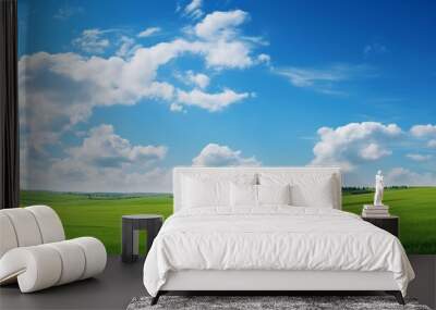 Beautiful Green Rolling Hills Under a Bright Blue Sky with Fluffy White Clouds on a Clear Day. Generative AI Wall mural