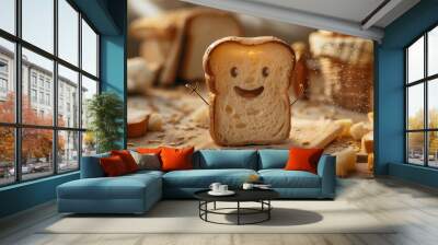 Cheerful Animated Bread Slice With Smiling Face On Chopping Board. Generative AI Wall mural