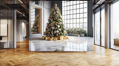 Christmas tree with gold and white decorations and gifts in a modern interior Wall mural