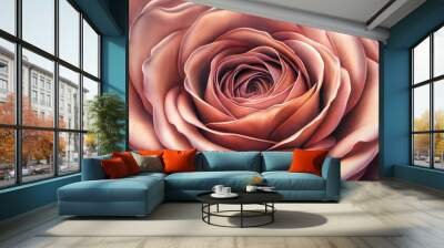 Close-up background of a decorative satin rose in creamy pink shades with intricate petals Wall mural