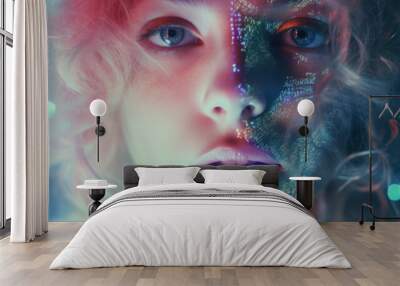 close up face portrait of a woman with light shining projections on the head, fashion glamour photo Wall mural