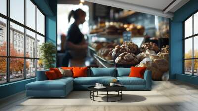 closeup assortment of muffins and loaves on display in front, with the silhouette or blurred figure behind working at a counter or bar area. menu items, adding to the rustic coffee shop ambiance Wall mural