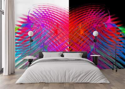 Colorful zigzag and arched stripes intersect to create an interesting pattern on white and black backgrounds. Two backgrounds in one. Set of abstract fractal backgrounds. 3d rendering. 3d illustration Wall mural